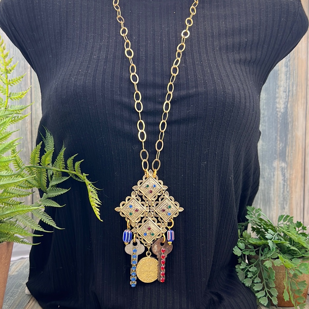 Adorned Crown Necklace Long Boho Vintage Key Red Blue Rhinestone Assemblage